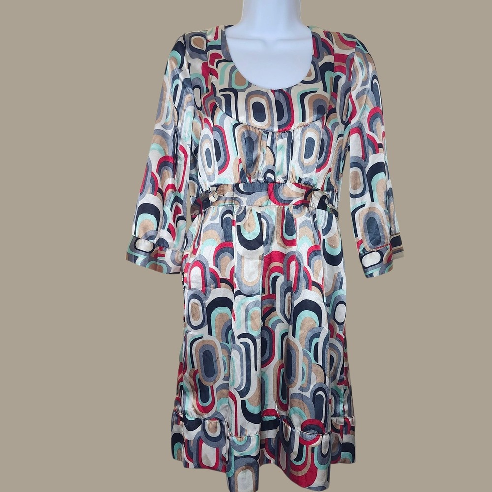 Olive des Olive‎ Dress Womens Multicolor Mod Geometric Satin 3/4 Sleeve Retro